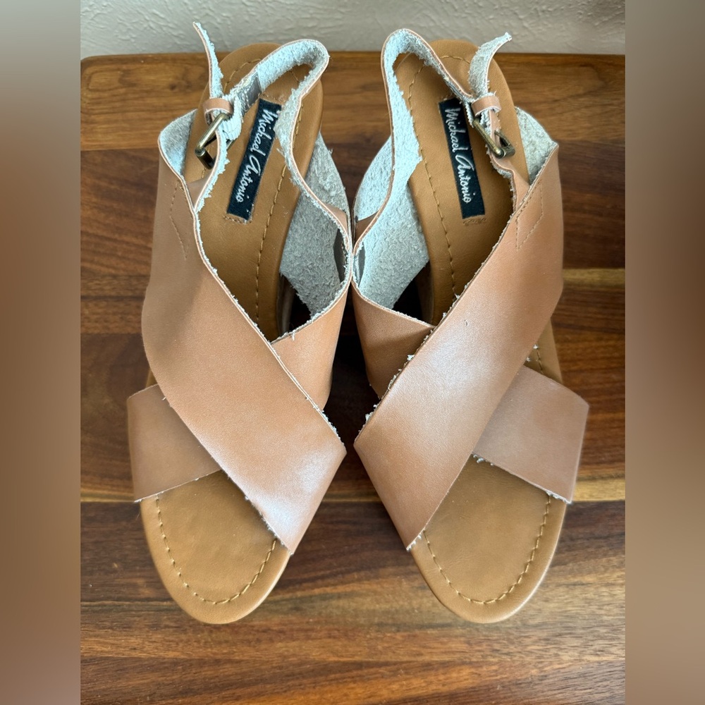 Michael Antonio Camel Cross-Strap Sandals